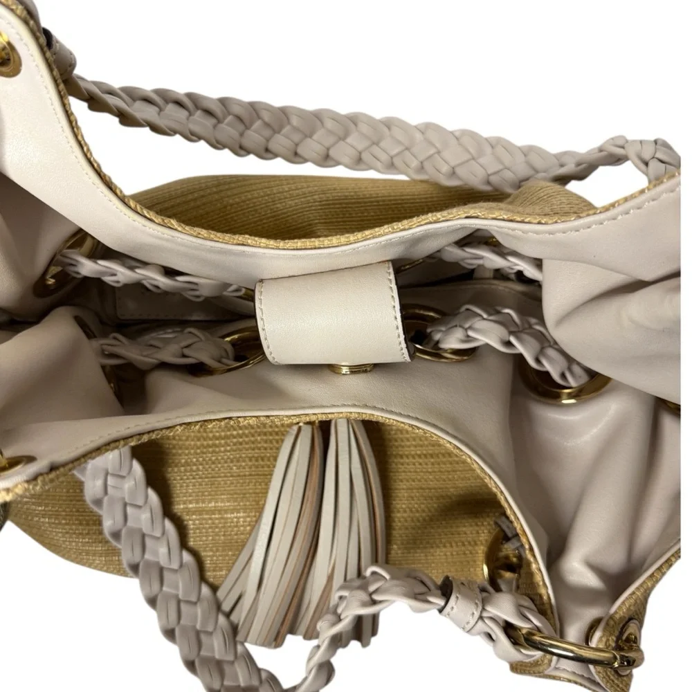 MICHAEL KORS Carlton Straw Braided Leather Hobo Gold Tassel‎ Bag Large